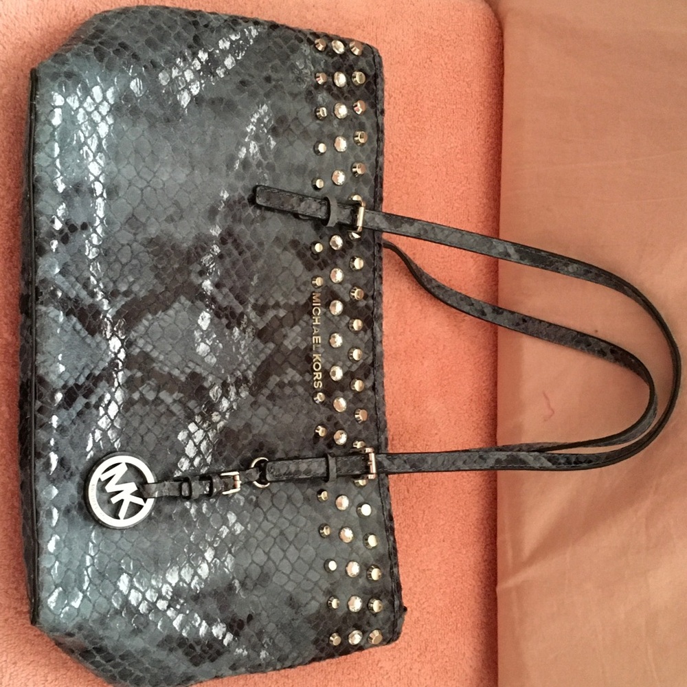 Michael Kors Black Studded Snake Print Tote